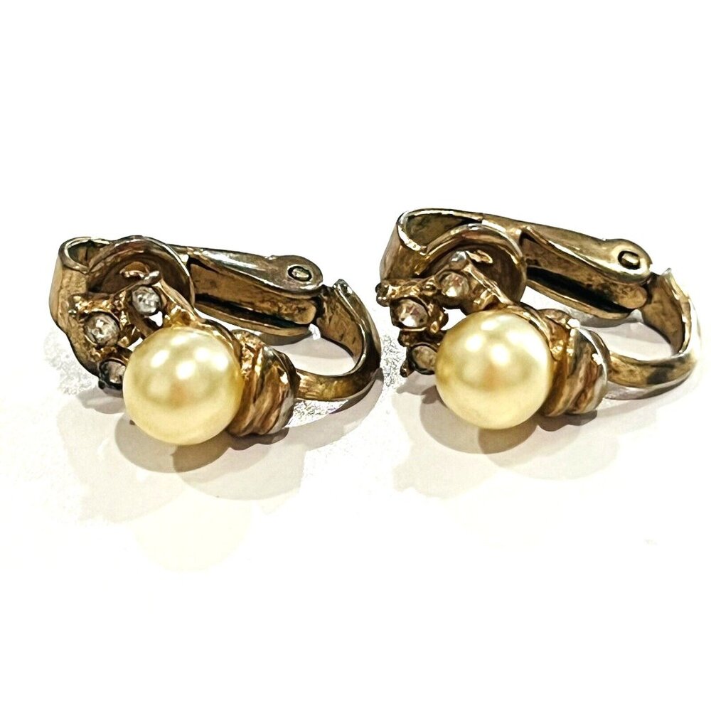 Trifari Faux Pearl Rhinestone Clip Earrings Vintage Signed Crown